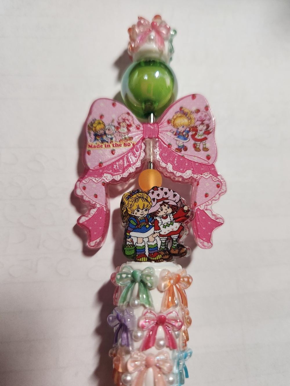 Bow Bead Charm Pen - Strawberry Shortcake And Rainbow Brite 80s Cartoon.